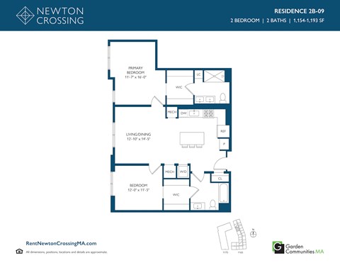 Floor plan for 2 beds, 2 baths, 1193 sqft